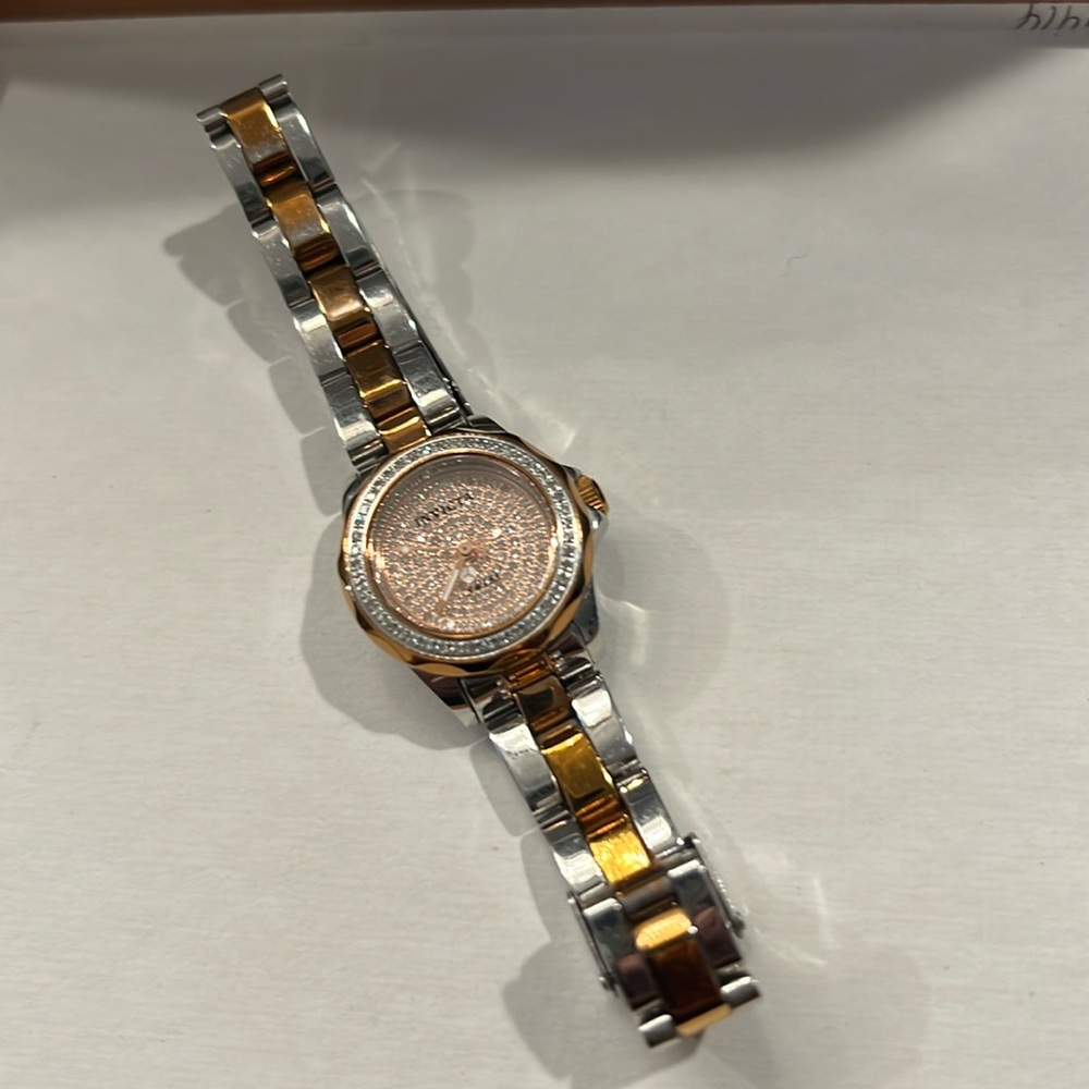 INVICTA LADIES SWISS QUARTZ DIAMOND PAVE ROSE GOLD SILVER WATCH 3339 RARE